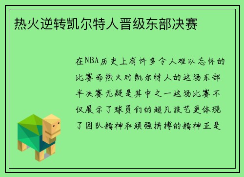 热火逆转凯尔特人晋级东部决赛
